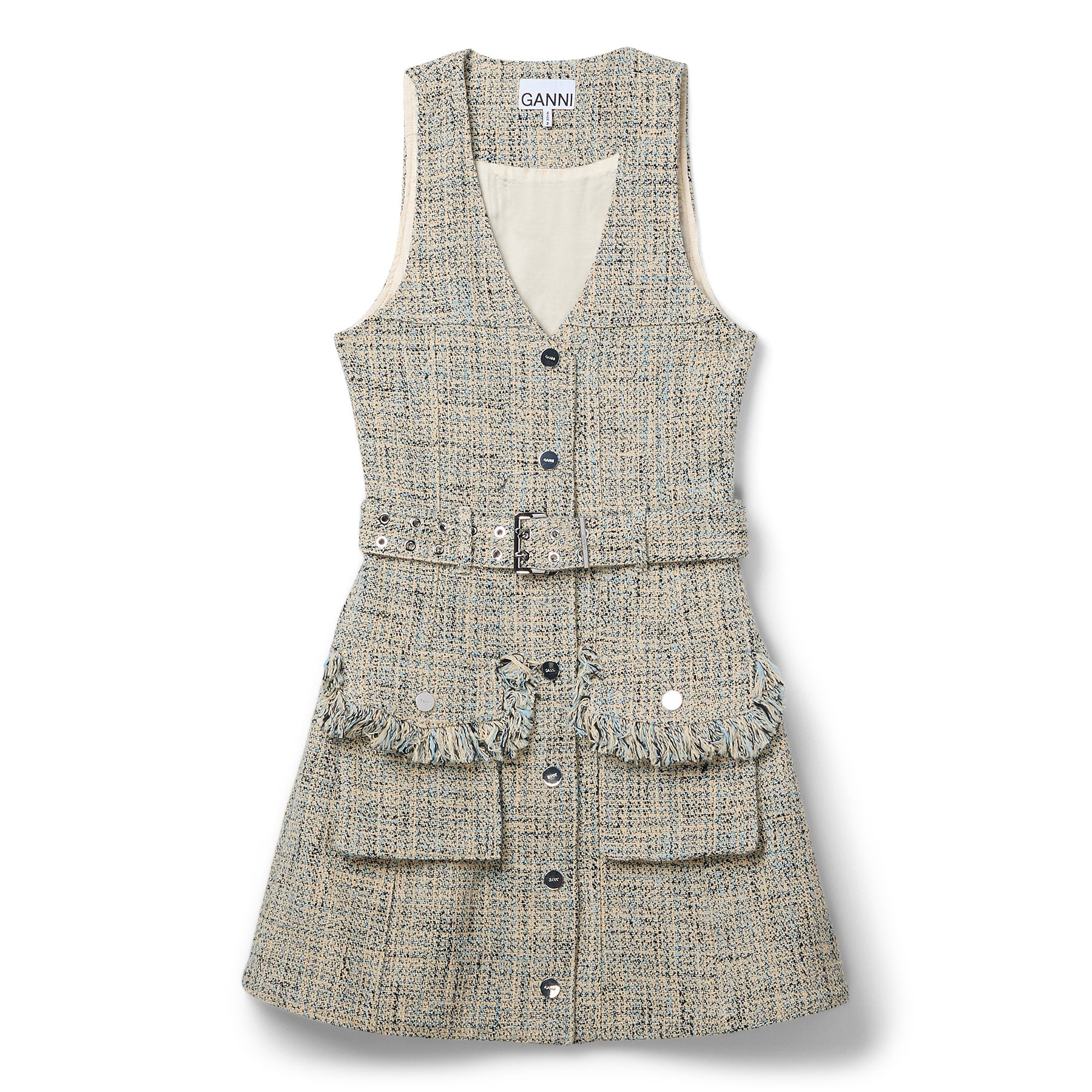 GANNI Summer Tweed Belt Mini Dress (Alaskan Blue)